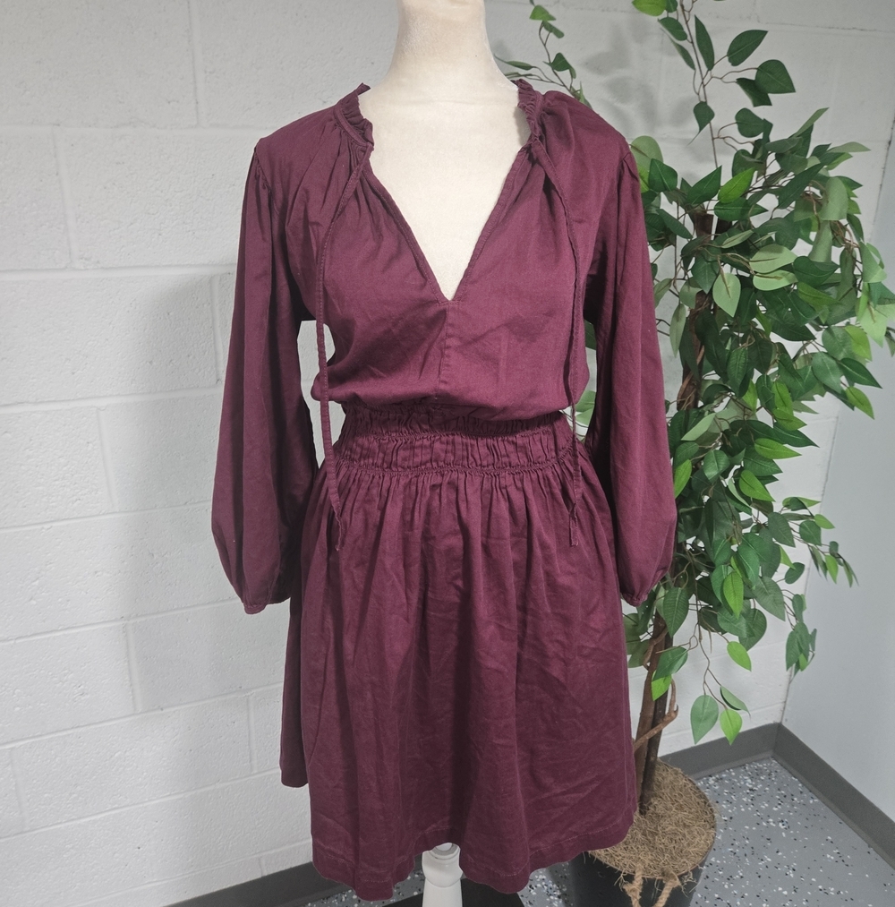 Gap Cotton Smocked Waist Puff Mini Dress Womens Burgundy Large